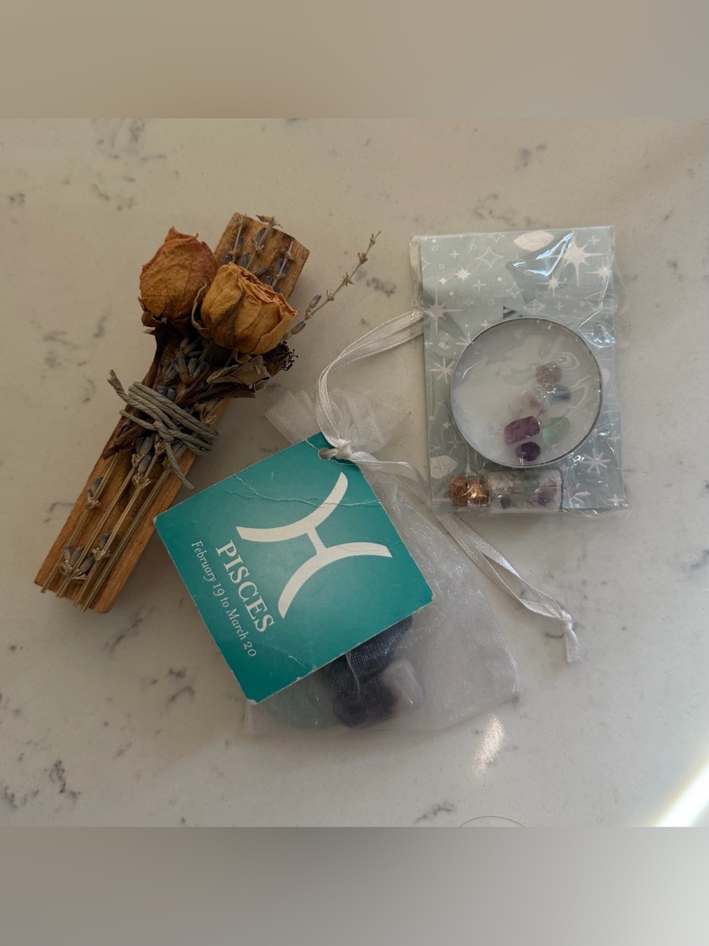 Pisces Zodiac Crystal Gift Set - tumblr set with palo santo and wishing candle